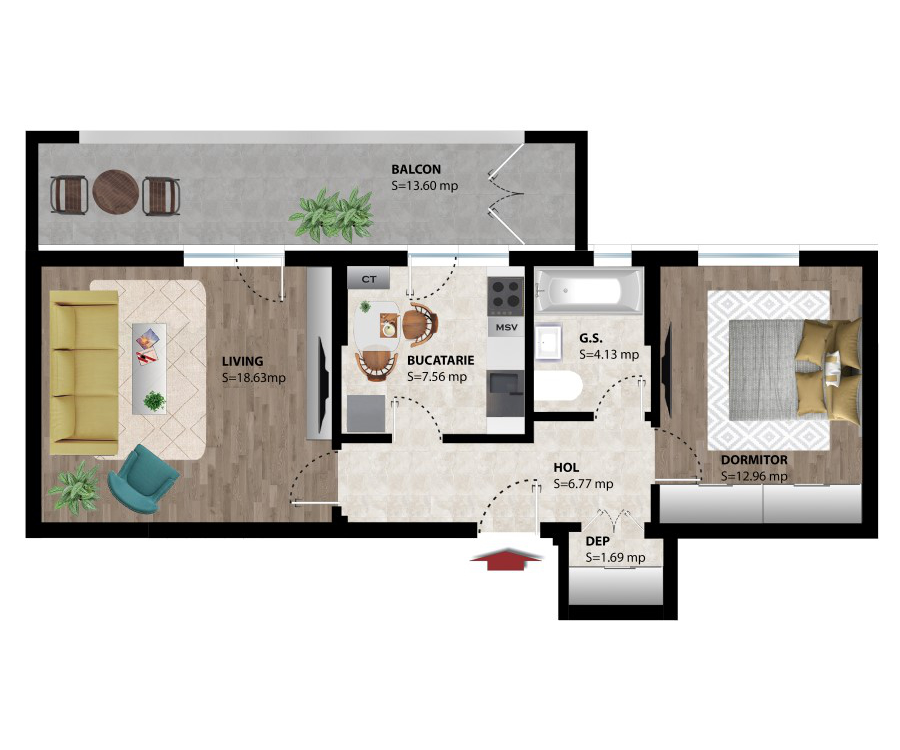 Apartament 2 Camere - Model 1 etaj 1-4